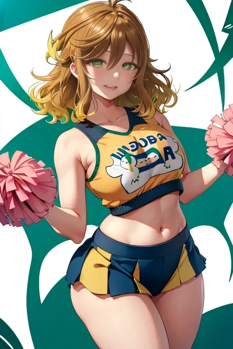 amicia michella - nijisanji, naime style 1girl, (((bimbo))), brown short hair, yellow inner hair, wavy hair, green eyes, (((bimbo))), thin lips, painted lips, midriff, shy smile face, wide hips, thick thighs, huge round ass, curvy accentuated booty, shiny ...