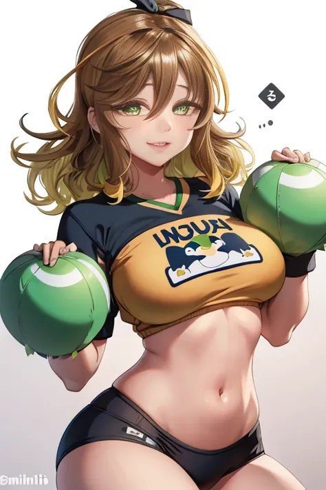 amicia michella - nijisanji, naime style 1girl, (((bimbo))), brown short hair, yellow inner hair, wavy hair, green eyes, (((bimbo))), thin lips, painted lips, midriff, shy smile face, wide hips, thick thighs, huge round ass, curvy accentuated booty, shiny ...