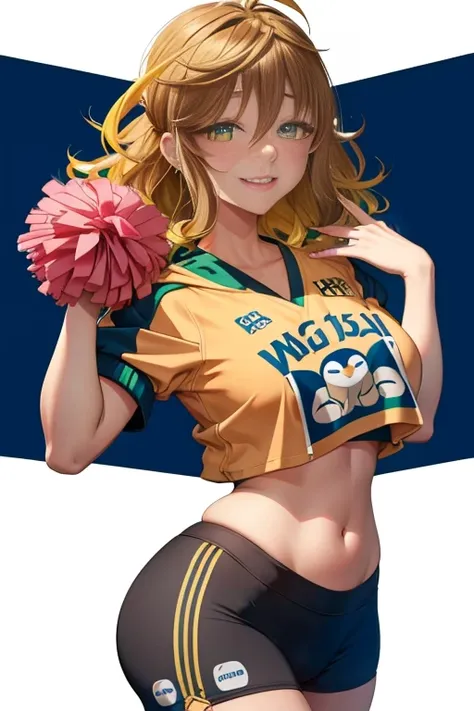 amicia michella - nijisanji, naime style 1girl, (((bimbo))), brown short hair, yellow inner hair, wavy hair, green eyes, (((bimbo))), thin lips, painted lips, midriff, shy smile face, wide hips, thick thighs, huge round ass, curvy accentuated booty, shiny ...