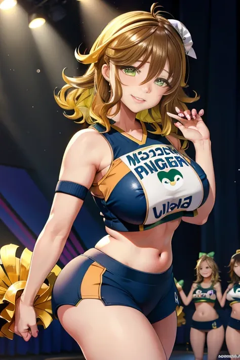 amicia michella - nijisanji, naime style 1girl, (((bimbo))), brown short hair, yellow inner hair, wavy hair, green eyes, (((bimbo))), thin lips, painted lips, midriff, shy smile face, wide hips, thick thighs, huge round ass, curvy accentuated booty, shiny ...