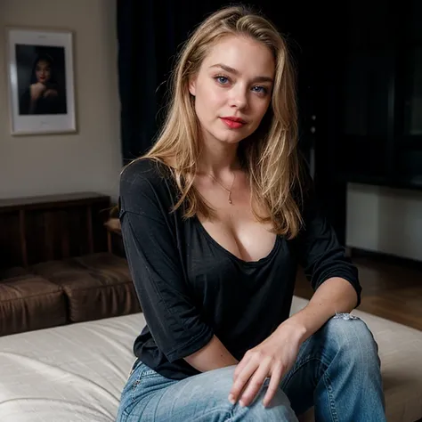 photo of beautiful 24 y.o Kate Mildrew, medium length blonde hair,  blue eyes, detailed eyes, pale skin, looking confident, casual, indoor, with an air of superiority, black t-shirt, jeans, cleavage, pose