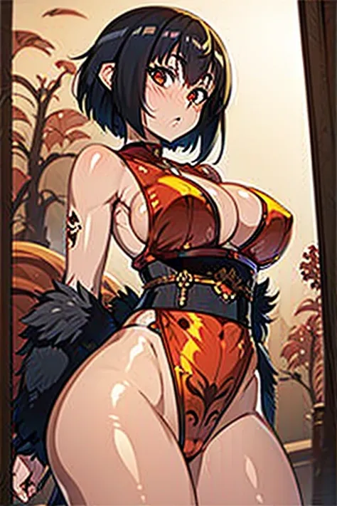 (hard disk, sharp, fractals), 1人の女性,cel shaded animation, Super glossy skin,(apeの耳), (monkey tail), ape,Shorthair,Short Bob, skin tanned,jpn, (Japanese style costume),wide hips,Big ass,