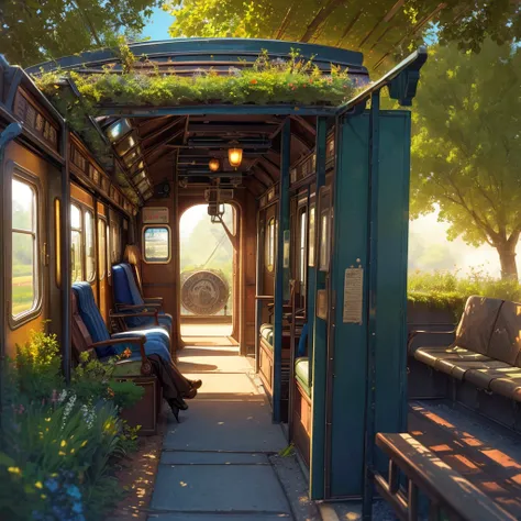 ((Best, best quality)) (((( masterpiece))), (((best quality))), (((super detailed))), (very delicate and beautiful)), no humans, cinematic light, (((old train, steam train))), old tunnel, (rusty sign)), ruins, hanging ivy, summer, sunlight through trees