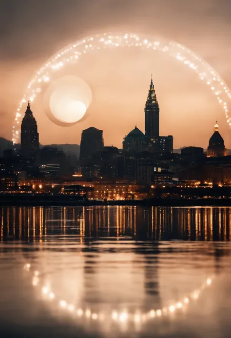 a creative shot of a bokeh cityscape background, with circle lights integrated into a larger graphic element, such as a logo or typography, creating a visually unique and eye-catching design