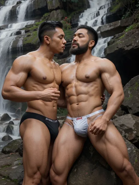 Two thai men are kissing, bodybuilder, underwear, gsting , beard, waterfall