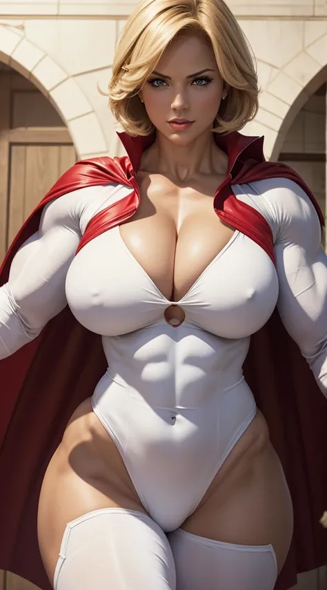 Wallpaper busty muscular DC comics Powergirl, strong biceps, strong abs, hyper muscular bodybuilder, enormous breasts, round tits, classic white costume and red cape and cleavage