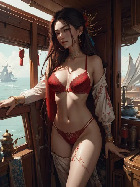 insanely detailed cinematic photography of a beautiful woman in yacht, red bra, long hair, intricate and hyperdetailed painting by Ismail Inceoglu Huang Guangjian and Dan Witz CGSociety ZBrush Central fantasy art album cover art 4K 64 megapixels 8K resolut...