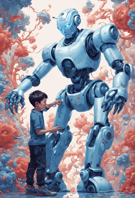 a robot playing with a boy, by James Jean, enhance, intricate, (best quality, masterpiece, Representative work, official art, Professional, unity 8k wallpaper:1.3)