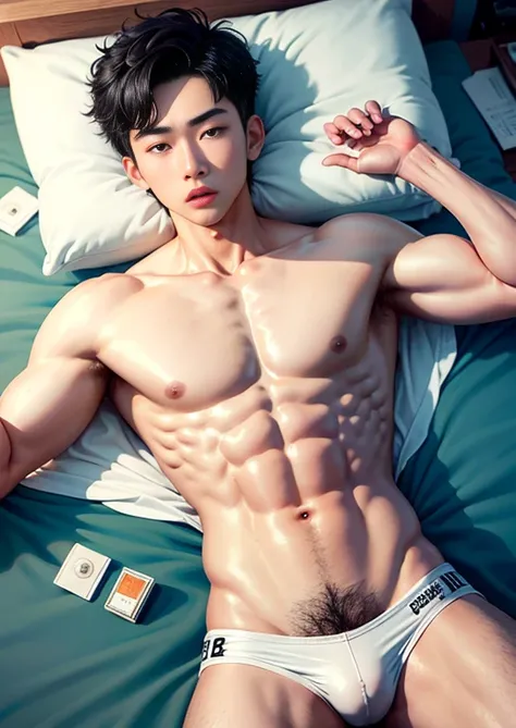 20 year old handsome Korean man wearing sports belt, On the bed. top view , Manifestations of ecstasy/Orgasm(Milky, translucent, sticky skin on the stomach and chest.), with chest hair