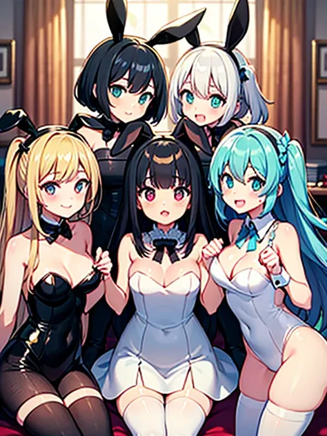 5 girls A and B and C and D and E, {{{A girl have (white hair)  (white pink frill dress) white thighhighs}}}, {{B girl have (black hair)  (black bunnysuit) (black thighhighs)}}, reaching out, C girl have (blonde hair), {{{D girl have (blue hair)}}}, {{E gi...