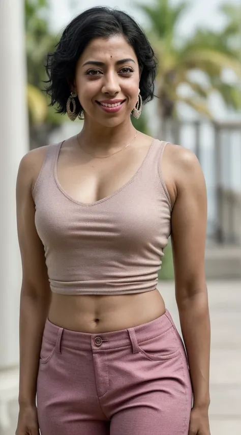 smiling woman with short messy black hair and earrings wearing a pink shirt and pants, this person does not exist, brown skin, petite body, diminutive, mixed-race woman, indian, puerto rican, african american, cambodian, stephanie beatriz-aaliyah-yuliya-so...