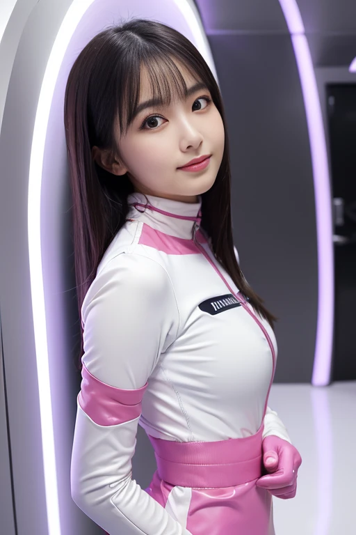 (Place your index finger on your chin, bend the index finger, Shiny rubber suit, gazing at viewer, Leaning forward, 1 girl, Looking at Viewer, from the front side, facing straight at viewer, white clothes, pink line in the clothes, pink line at waist, Whit...