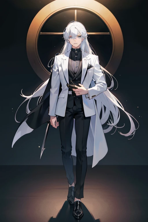 One young man,Standing of the whole body,White head hair,The long-haired,black suits,Black leather shoes,knifes,Manteau