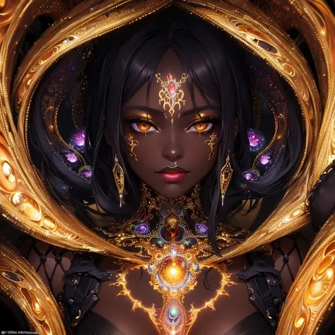 (masterpiece, top quality, best quality, official art, beautiful and aesthetic:1.2), (1girl:1.3), extreme detailed,(fractal art:1.3),colorful,highest detailed, (very dark skin), (golden lips, black eyes), (light painting :1.3), (auto-destructive art :1.3)