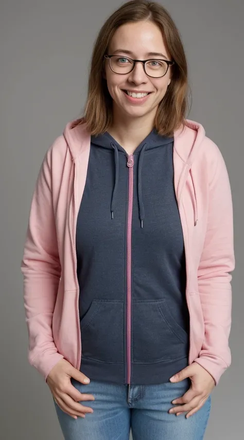 smiling woman with glasses on, this person does not exist, wearing sneakers and jeans with a dark blue tshirt and light pink zip up hoodie, nerd, frumpy, tessa ferrer-rebecca hall merged, short and chubby, unattractive, out of shape, entire body visible, f...