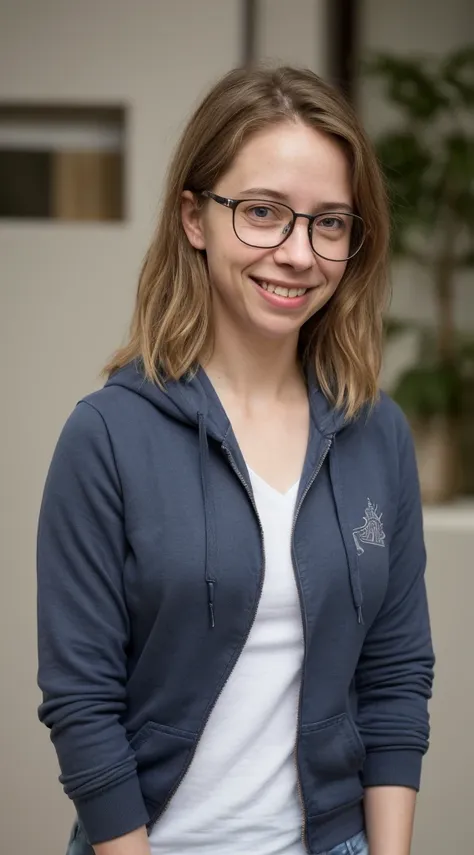 smiling woman with glasses on, this person does not exist, wearing sneakers and jeans with a dark blue tshirt and light pink zip...