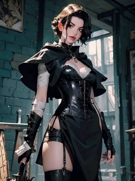 A young and beautiful woman, Full body like, The upper body is worn in a classic medieval corset，The hem of the lower body clothes is extensively damaged，There are bandages on the legs, Wearing a monocle, The right eye is a mechanical prosthetic eye,Hands ...