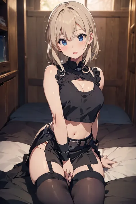 blonde hair, (((sleeveless crop-top))), (((black short skirt with belt))), ((((thigh-high black stocking)))), blue eyes, navel, ...