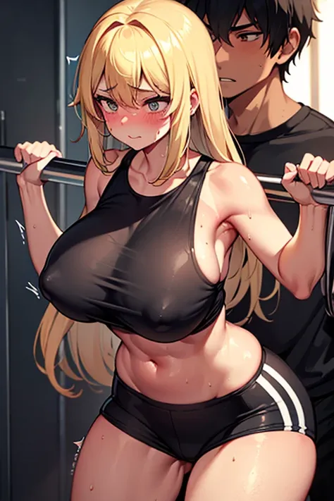 gym, workout, hot, sweating, sweaty, tan, big boobs, tan skin, flustered, blush, black clothes, see thru, yoga pants, handsome man standing behind cute girl, handsome man behind touching boobs, grabbing boobs, boob grab