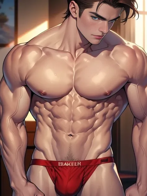 Handsome, Man, brown hair,  Blue eyes, red jockstrap thong, close up, abs, nsfw