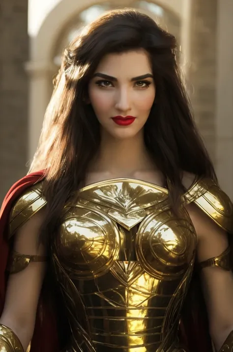 a close up of a woman in a gold costume with a red cape, gal gadot as hell lord, portrait of wonder woman, dressed as wonder woman, gorgeous woman, gal gadot as wonder woman, face like gal gadot, film still of gal gadot, wonder woman, hybrid of gal gadot, ...