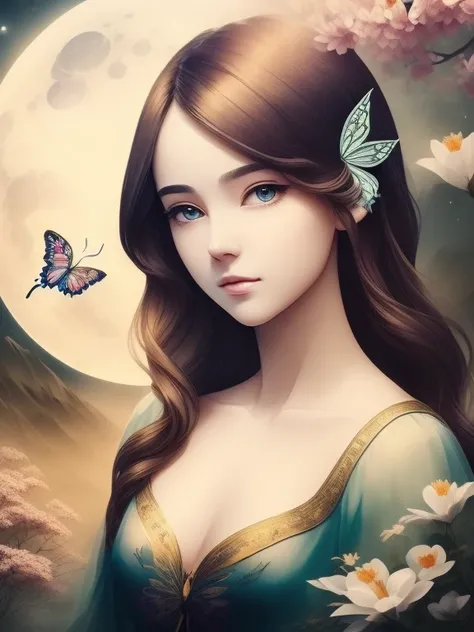 ((((Masterpiece))), Best quality, Illustrations, Beautiful details glow,
_cut, girl face details clear to the camera, tree, Moon, Butterfly,