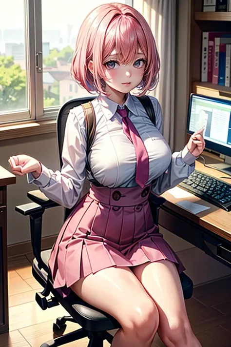 (Best Quality, 4K, 8K, hight resolution, masutepiece:1.2), Pink hair、bobhair、her breasts are beautiful and big。Studying。Sitting on a chair。My chest collapses when I press it against the desk.。School Uniforms。stretch your hands forward。