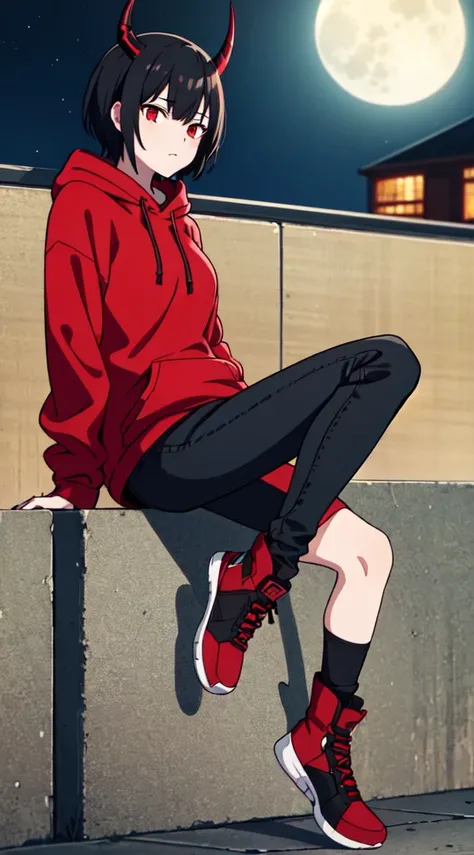 1girl, female, curve horn, red mix black hoodie, black long Jean, black-red shoe, black hair, HD, 8k, high detail, short hair, chilling, on a night city, summer, focus on her, night time, full moon, best quality,