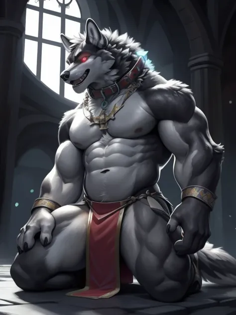 Solo, Male, (Muscular), (male anthro wolf):1.3, Black body, White belly, overweight, (Kneeling):1.3, (komono:1.4) (DOA):1.23, (Collar, Torn and worn black shorts, The loincloth is semi-worn，Half comes off， Green pattern:1.2), Detailed eyes, ((half-body por...