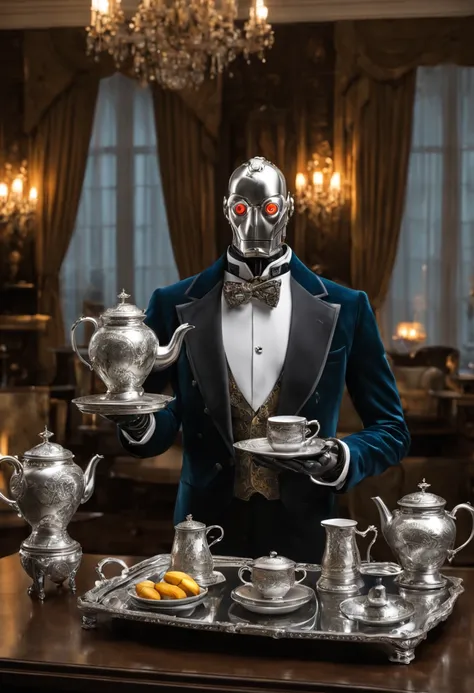 A detailed robot butler in a high-resolution, ultra-detailed and realistic scene. The butler is made of shiny metal and has intricate mechanical designs. It has glowing LED eyes and a sleek, streamlined body. The butler is holding a silver tray with a deli...