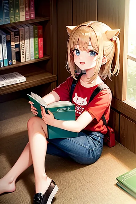 maximum quality,masterpiece,a cute cat,a backpack,red t-shirt,happy face,looking at viewer,holding books.