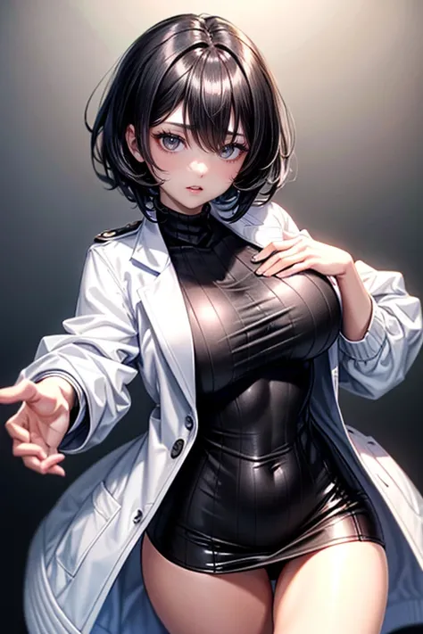 (Best Quality, 4K, 8K, hight resolution, masutepiece:1.2), Black hair、bobhair、her breasts are beautiful and big。you are a dentist。looking at my teeth。Clothes: black turtleneck sweater and loose white coat。open some buttons。