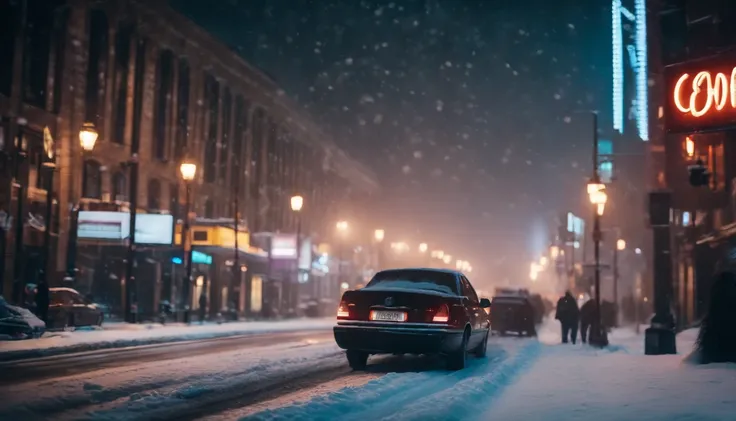 A nighttime cityscape covered in snow, with neon lights reflecting off the icy streets and creating a visually striking and energetic winter background.