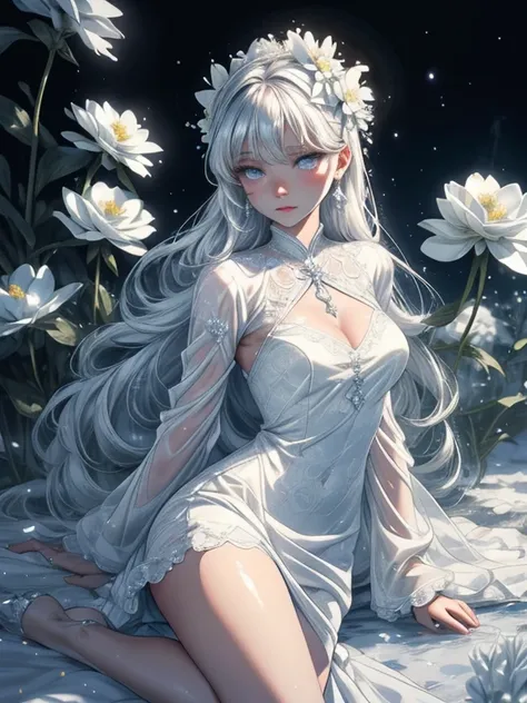 Paradise in Heaven, White lighting,(masutepiece), (Best Quality), (Cinematic), 8K, (art  stations), Li Yue painting style.(長いWhite hairとSilvery eyesを持つ1人の女), (Beautiful delicate face)、[ Particle Lou Full Moon] [Frozen trees々] [landscape crystal] [Lighting]...