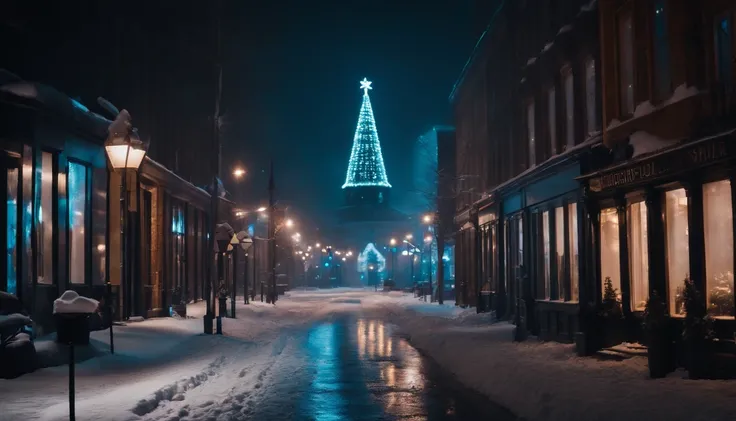 A nighttime cityscape covered in snow, with neon lights reflecting off the icy streets and creating a visually striking and energetic winter background.