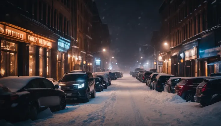 A nighttime cityscape covered in snow, with neon lights reflecting off the icy streets and creating a visually striking and energetic winter background.