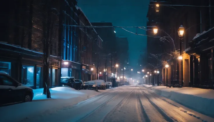 A nighttime cityscape covered in snow, with neon lights reflecting off the icy streets and creating a visually striking and energetic winter background.