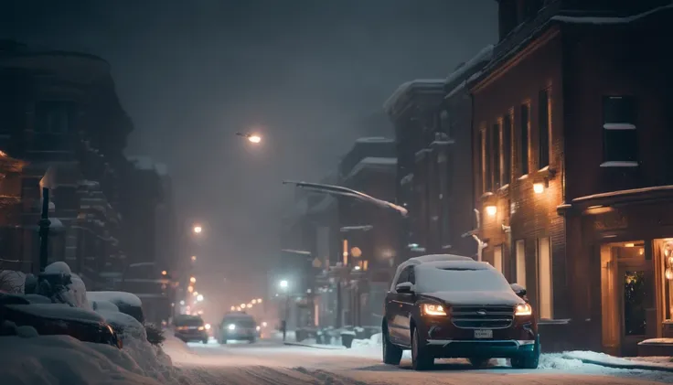 A nighttime cityscape covered in snow, with neon lights reflecting off the icy streets and creating a visually striking and energetic winter background.