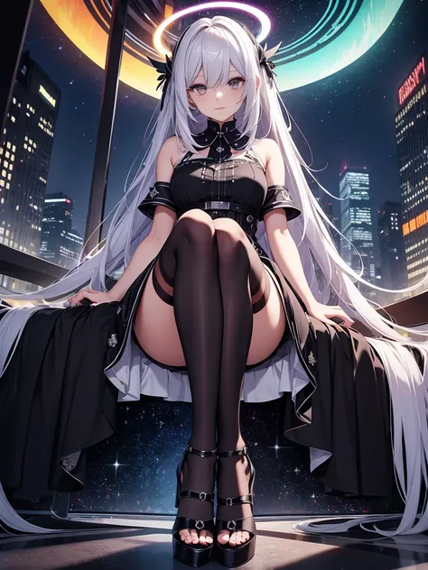 best quality, masterpiece, Ultimate resolution, Extremely colorful, Colorful, Night, dark night background, Long white hair, black lence stockings, a matural female, Black pedal socks, heeled sandals, halo,