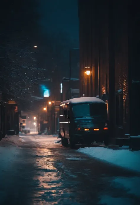 A nighttime cityscape covered in snow, with neon lights reflecting off the icy streets and creating a visually striking and energetic winter background.