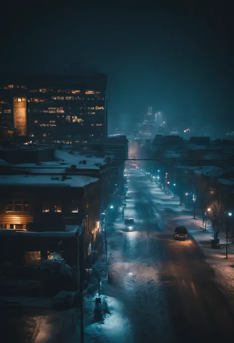 A nighttime cityscape covered in snow, with neon lights reflecting off the icy streets and creating a visually striking and energetic winter background.