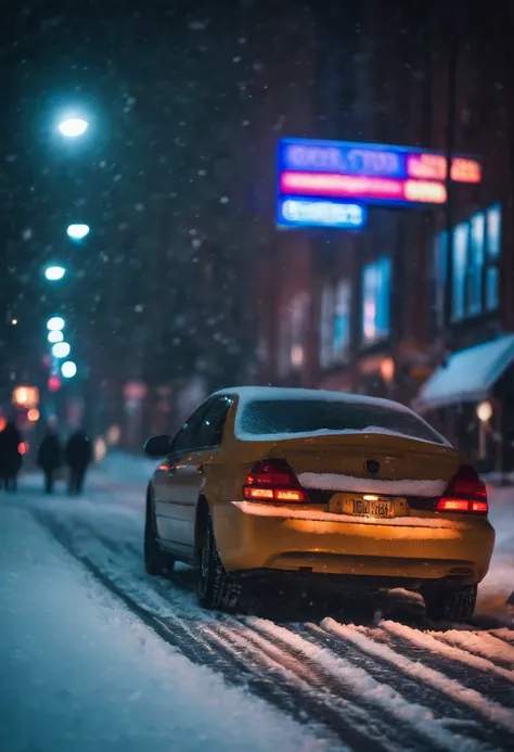 A nighttime cityscape covered in snow, with neon lights reflecting off the icy streets and creating a visually striking and energetic winter background.