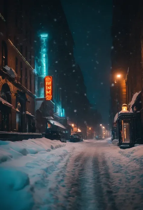 A nighttime cityscape covered in snow, with neon lights reflecting off the icy streets and creating a visually striking and energetic winter background.