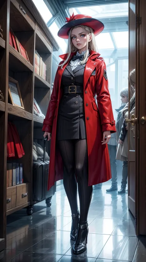 araffe girl dressed in a red coat and hat with a suitcase, thom browne, 2 0 2 0 fashion, dressed in expensive clothes, inspired by Karel Dujardin, wearing louis vuitton armor, brutalist fashion show, a hyper realistic, full body black and red longcoat, ins...