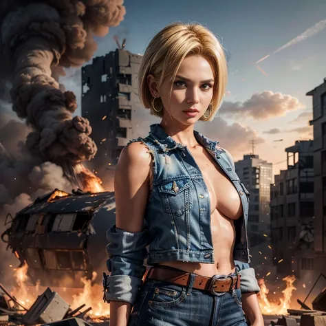 (((Android 18))), dragon ball, 1girl, ((blond short hair)), ((sexy pose)), (open topless denim crop jacket), a slender curvy and beautiful asian looking woman of above-average height and fair complexion, She has shoulder-length blonde hair, hait part over ...