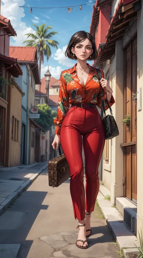 araffe woman with a suitcase and a bag walking down a sidewalk, style from greg rutkowski, elegant tropical prints, dries van noten, official prada editorial, red shirt brown pants, modern maximalist suit, official vuitton editorial, waring a hawaiian shir...