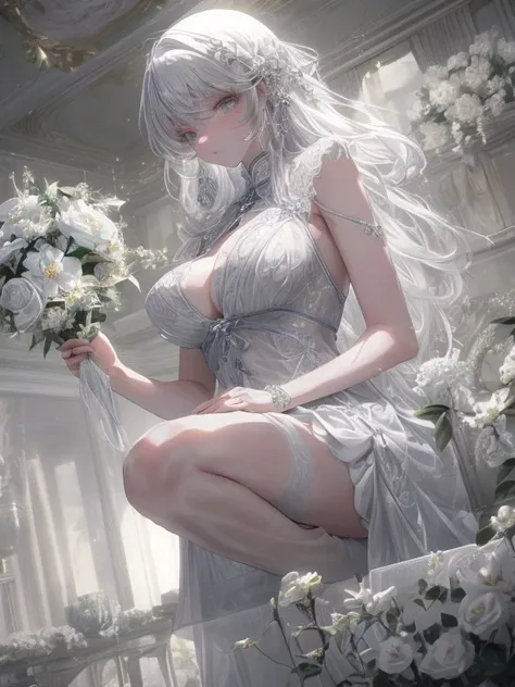 Paradise in Heaven, White lighting,(masutepiece), (Best Quality), (Cinematic), 8K, (art  stations), Li Yue painting style.(長いWhite hairとSilvery eyesを持つ1人の女), (Beautiful delicate face)、[ Particle Lou Full Moon] [Frozen trees々] [landscape crystal] [Lighting]...