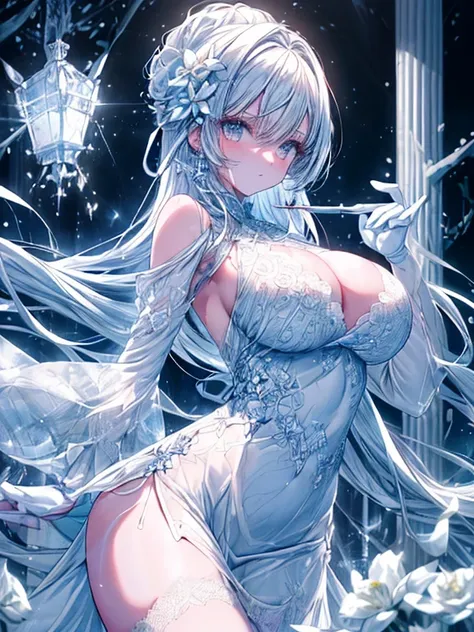 Paradise in Heaven, White lighting,(masutepiece), (Best Quality), (Cinematic), 8K, (art  stations), Li Yue painting style.(長いWhite hairとSilvery eyesを持つ1人の女), (Beautiful delicate face)、[ Particle Lou Full Moon] [Frozen trees々] [landscape crystal] [Lighting]...