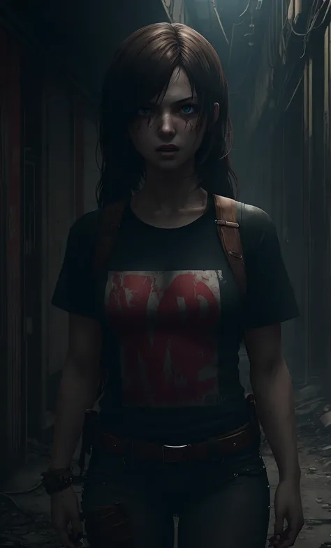 Best quality at best，tmasterpiece，(anime)，quadratic element，cinematic shadow，A girl standing in an industrial area，Long hair covers half of face，wearing a dirty t-shirt，nail polish，crazy expression，(Resident Evil&#39;s rotten flesh litters the background)