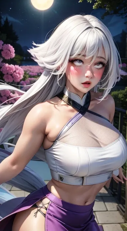 realistic, 1girl, white hair, purple eyes, bright eyes, cropped top, skirt, lips half-open, blush, night, flowers, sun, sunlight, ultra sexy, big butt skirt, (ahegao:1.1), (rolling eyes:1.1)